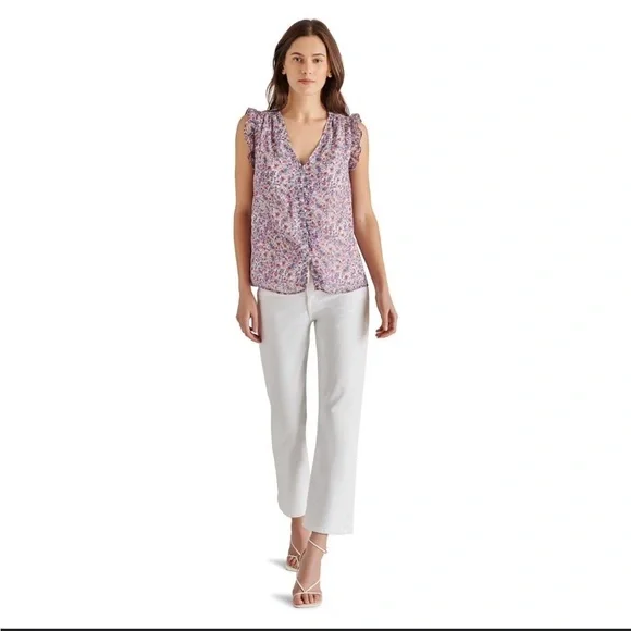 BB Dakota Steve Madden Floral Ruffle flutter Sleeve Top Size Large - Picture 2 of 12